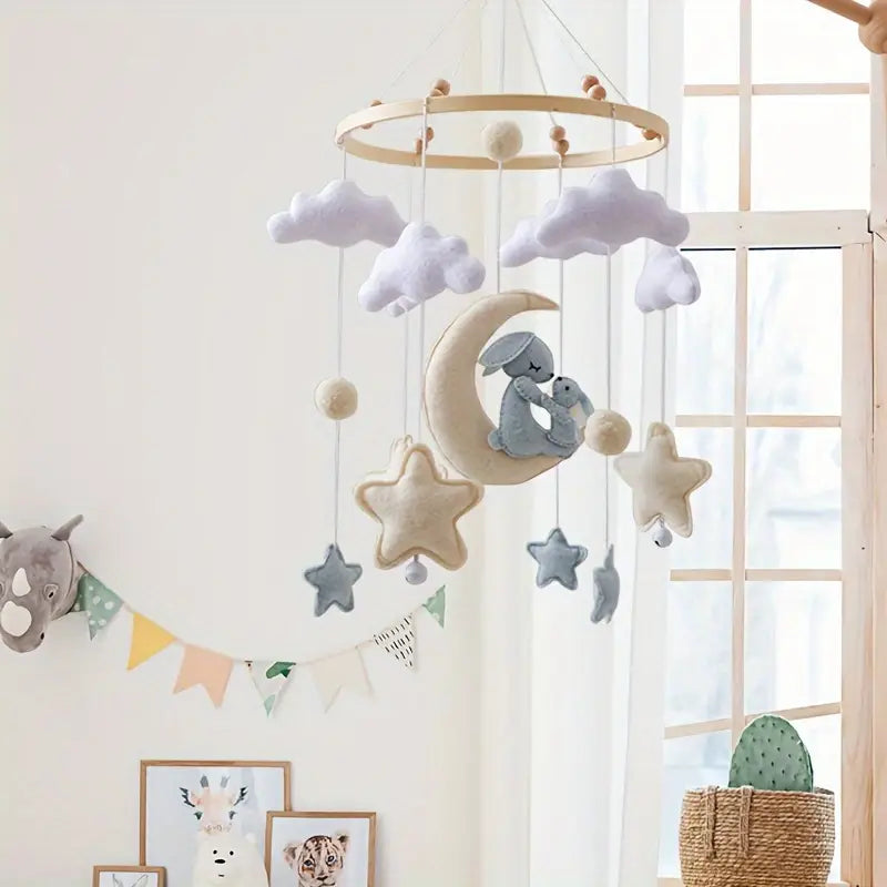 Magical Rabbit on Moon Mobile – Minimalist Baby Room Decoration in Soft Colors