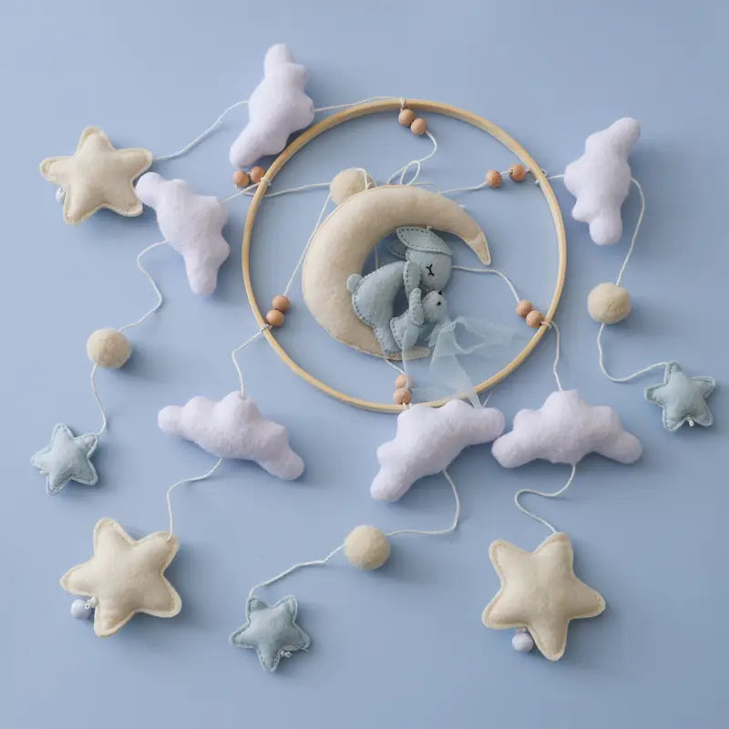Magical Rabbit on Moon Mobile – Minimalist Baby Room Decoration in Soft Colors