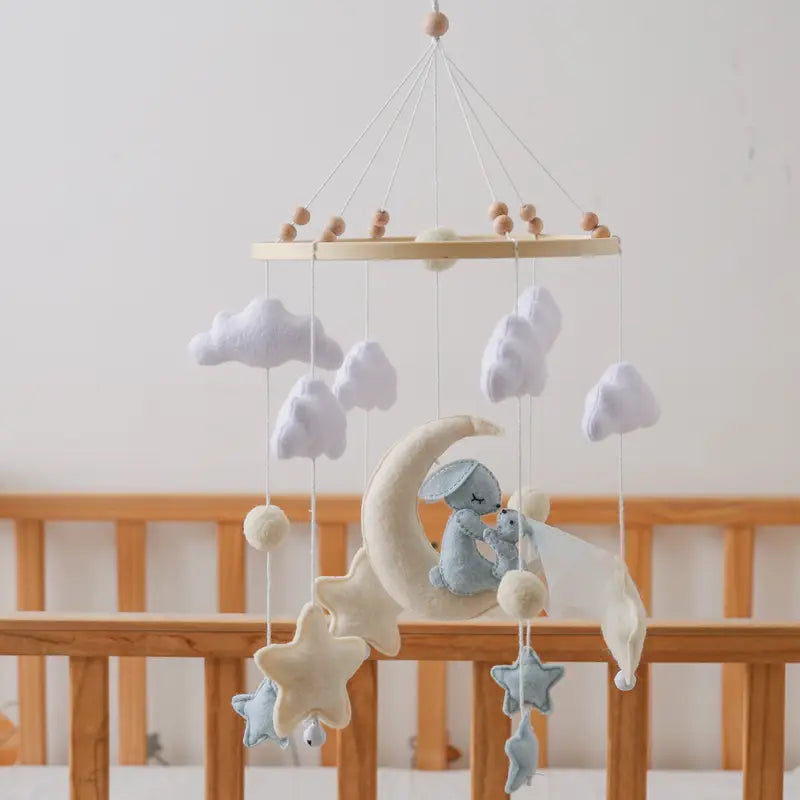 Magical Rabbit on Moon Mobile – Minimalist Baby Room Decoration in Soft Colors