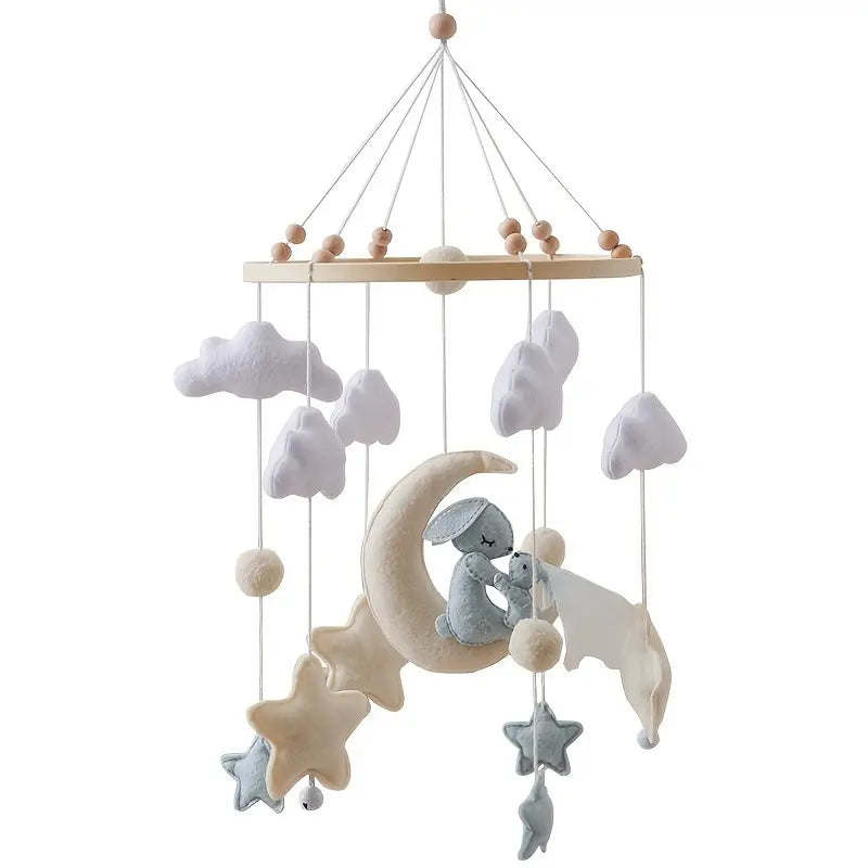 Magical Rabbit on Moon Mobile – Minimalist Baby Room Decoration in Soft Colors
