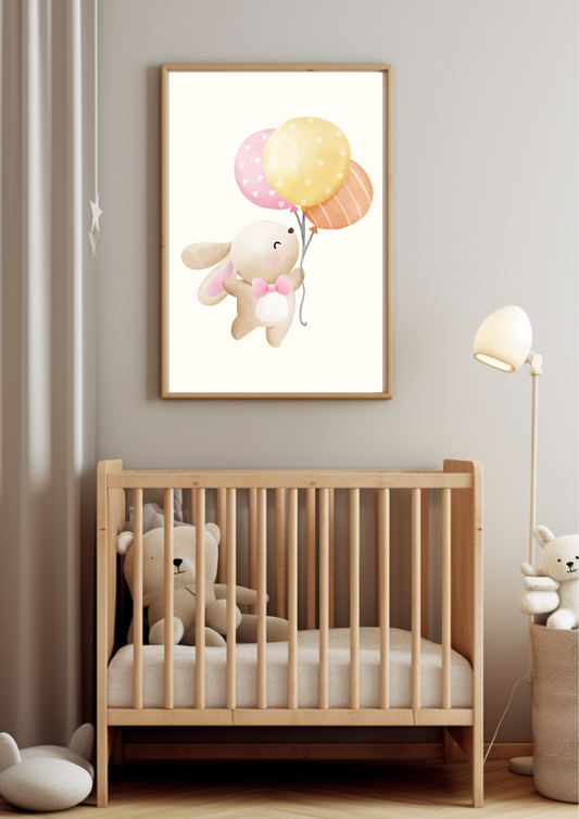Digital Poster “Rabbit with 3 Balloons in Pink” – Happy Surprise in the Air