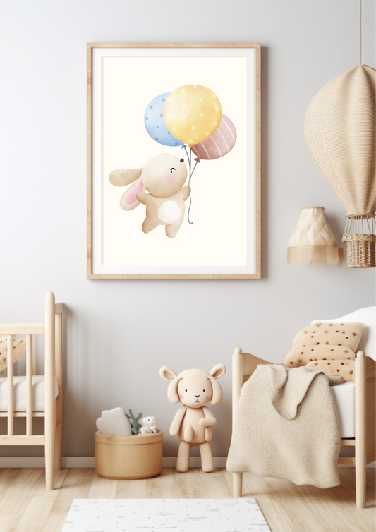 Digital Poster "Rabbit with 3 Balloons in Blue" - Happy Rabbit in the Sky