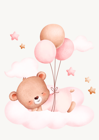 Digital Posters “Bear &amp; Balloon” – 3-piece collection in delicate pink tones