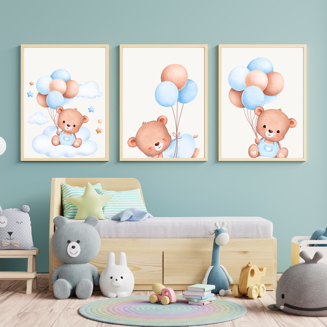 Digital Posters "Bear &amp; Balloon" - 3-piece collection in soft blue tones