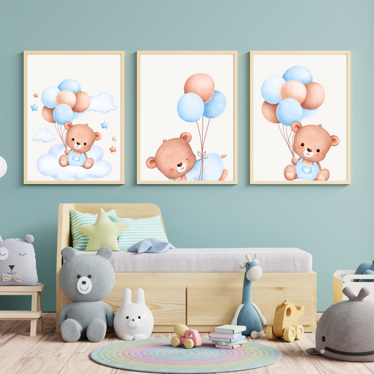 Digital Posters "Bear &amp; Balloon" - 3-piece collection in soft blue tones