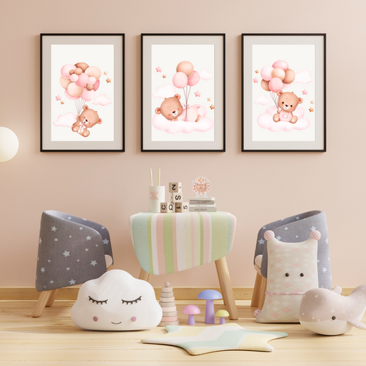 Digital Posters “Bear &amp; Balloon” – 3-piece collection in delicate pink tones