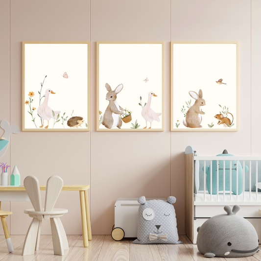 Digital Poster "Wild Meadow" - 3-part rabbit goose motifs