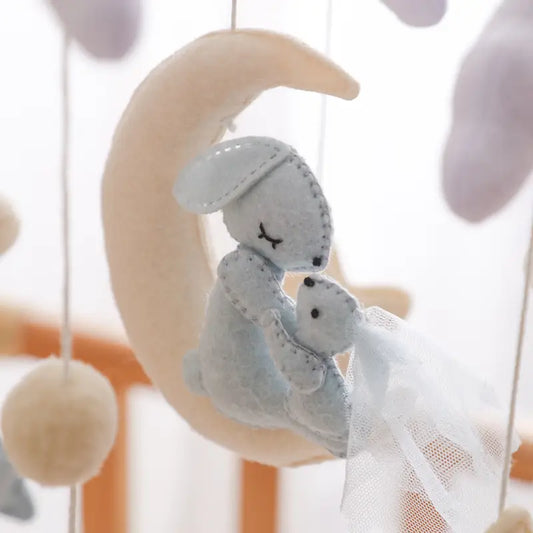 Magical Rabbit on Moon Mobile – Minimalist Baby Room Decoration in Soft Colors