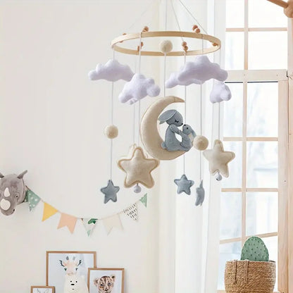 Magical Rabbit on Moon Mobile – Minimalist Baby Room Decoration in Soft Colors
