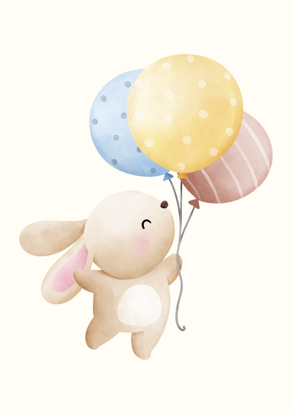 Digital Poster "Rabbit with 3 Balloons in Blue" - Happy Rabbit in the Sky